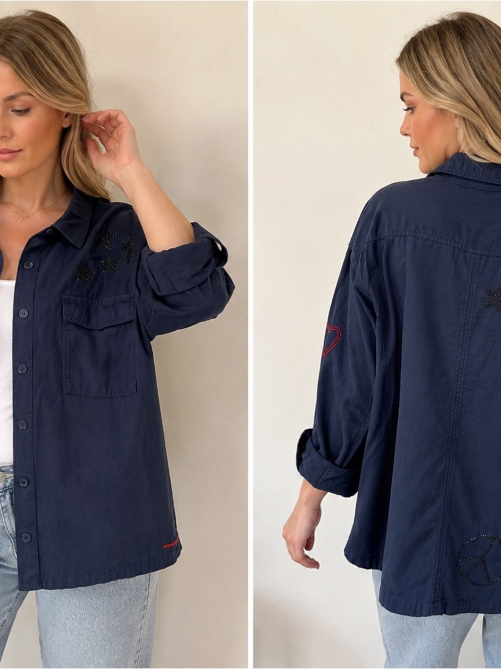 Peace Love World Navy Embellished Utility Jacket